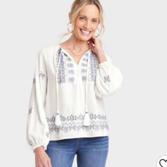 Knox Rose White Diamond Textured Embroidered Tassel Tie Blouse New Small Boho - Picture 1 of 16